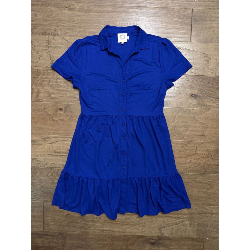Lili Sidonio Royal Blue Tiered Button Front Mini Dress‎ Collared Short Sleeve M